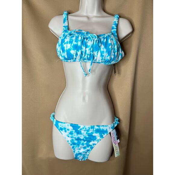 Sundazed Teal Cove Tie Dye Shirred Bikini Top and Bottom Set 36DD and L NWT df1 - Picture 7 of 12